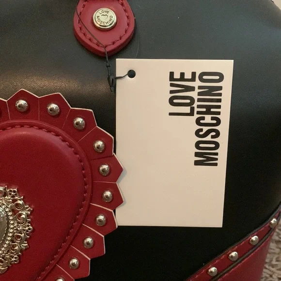 Love Moschino red and black studded leather satchel purse with logo - Picture 4 of 9